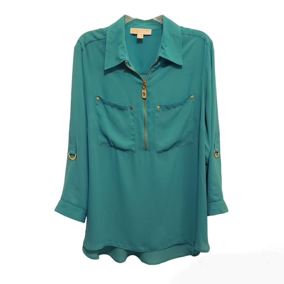 MICHAEL Michael Kors Tops - MICHAEL KORS MK Logo Half Zip Blouse 1X 3/4 Sleeve Turqoise Teal Green Gold